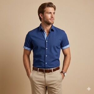 Maceoo Mens Navy Blue Italian Jacquard Short Sleeve Button Down Shirt Size 4 L